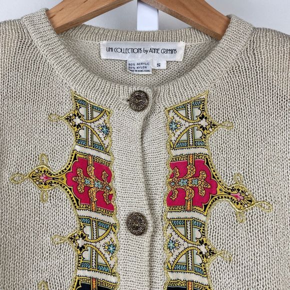 Vintage‎ Umi Collections Knit Sweater Applique Anne Crimmins Beige Small - Picture 4 of 8